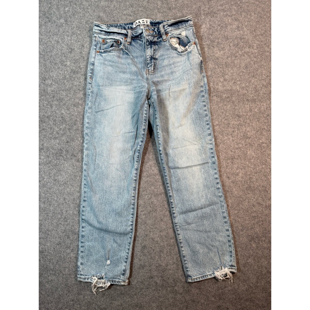 Daze Denim Womens Light Wash Distressed Straight Leg Jeans Size 28 Frayed Hem